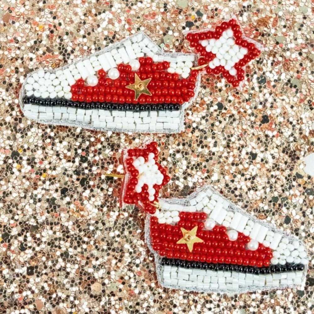 Red Seed Bead Sneaker Earrings Tennis Shoe NWT